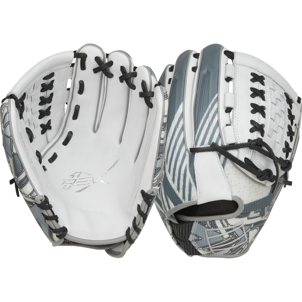 The Rawlings REV1X 12.25" Fastpitch Softball Glove (RREV207SB-18W) pairs white and gray with black laces, features geometric patterns and open webbing, and offers a modern Heart of the Hide-inspired design.