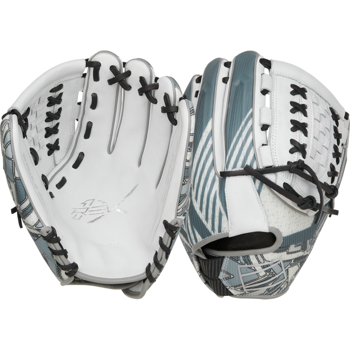 The Rawlings REV1X 12.25" Fastpitch Softball Glove (RREV207SB-18W) pairs white and gray with black laces, features geometric patterns and open webbing, and offers a modern Heart of the Hide-inspired design.