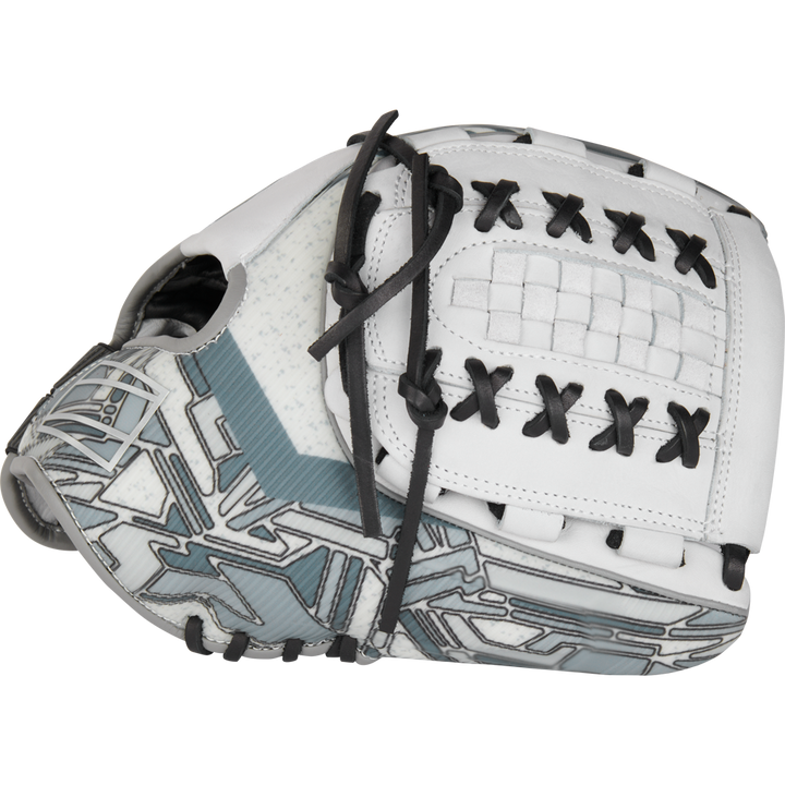 The Rawlings REV1X 12.25" Fastpitch Softball Glove (RREV207SB-18W) features a white and gray design with black lacing and geometric patterns on the outer surface, shown from the side against a plain background.