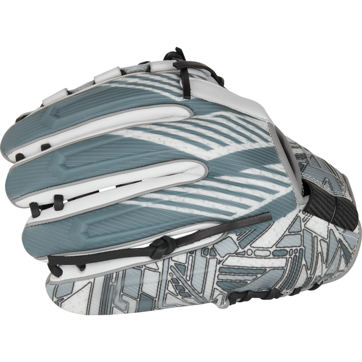 The Rawlings REV1X 12.25" Fastpitch Softball Glove (RREV207SB-18W) features a gray and white design with black laces and a geometric, futuristic pattern. Shown from the side, the glove’s fingers are closed with the palm facing away.