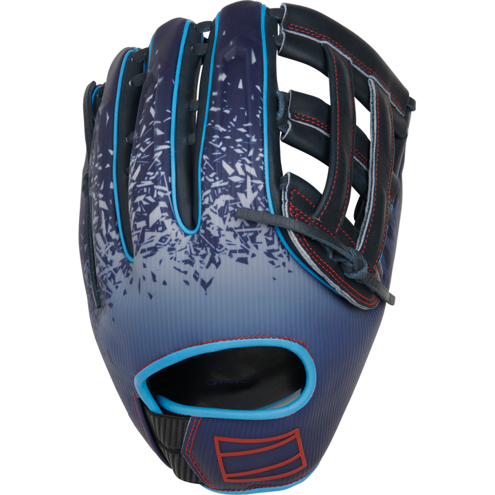 The Rawlings REV1X 12.75" Baseball Glove (RREV3039-6N) features blue with light blue trim, red stitching, and a black and light blue geometric pattern, displayed against a white background.