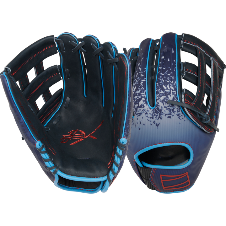 Two Rawlings REV1X 12.75" Baseball Gloves (model RREV3039-6N) are shown palm up and down. These gloves feature navy blue with light blue, red, and white gradient accents, open webbing, and a distinctive back design.