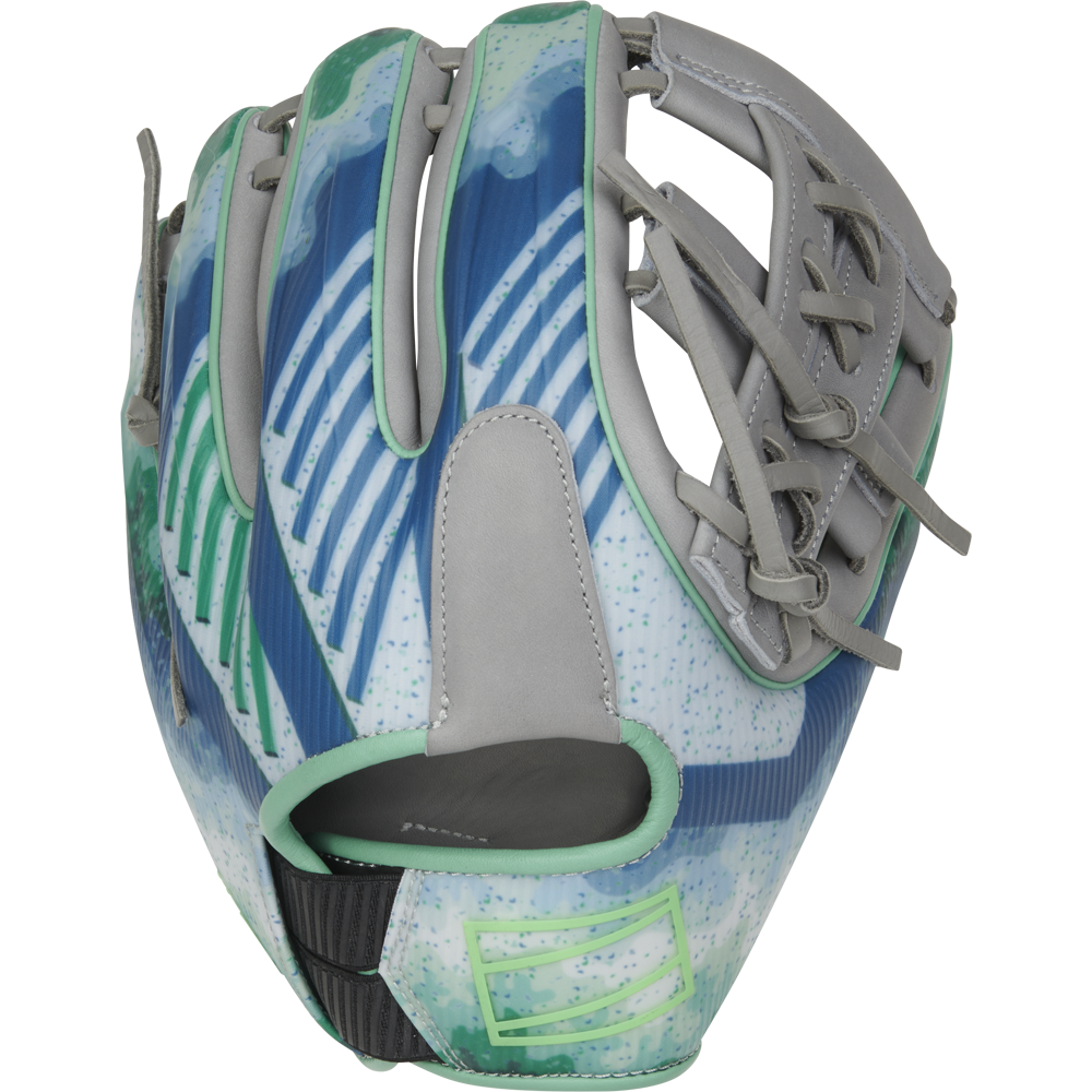 The Rawlings REV1X 11.5" Francisco Lindor GM Baseball Glove (RREVFL12G) features a blue, teal, and white abstract design with gray webbing and green trim, shown upright with the palm facing away.