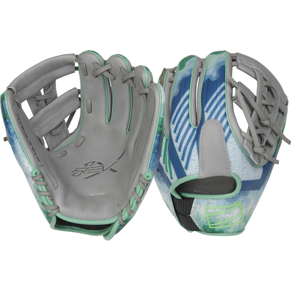 Two Rawlings REV1X 11.5" Francisco Lindor GM gloves are shown—one palm up, one showing the back—highlighting a sporty gray look with teal and blue accents, green laces, and a distinctive 3D-printed pattern.