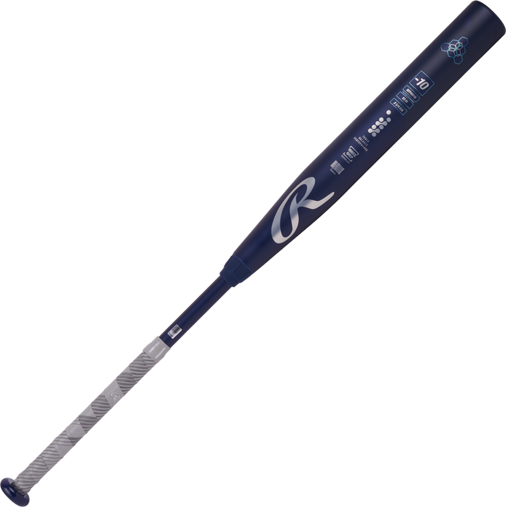 A 2025 Rawlings Mantra (-10) Fastpitch Softball Bat (RFP4M10 DEMO) by Rawlings is shown in blue with a white and gray patterned grip, branding and specs on the barrel, all set against a plain white background.