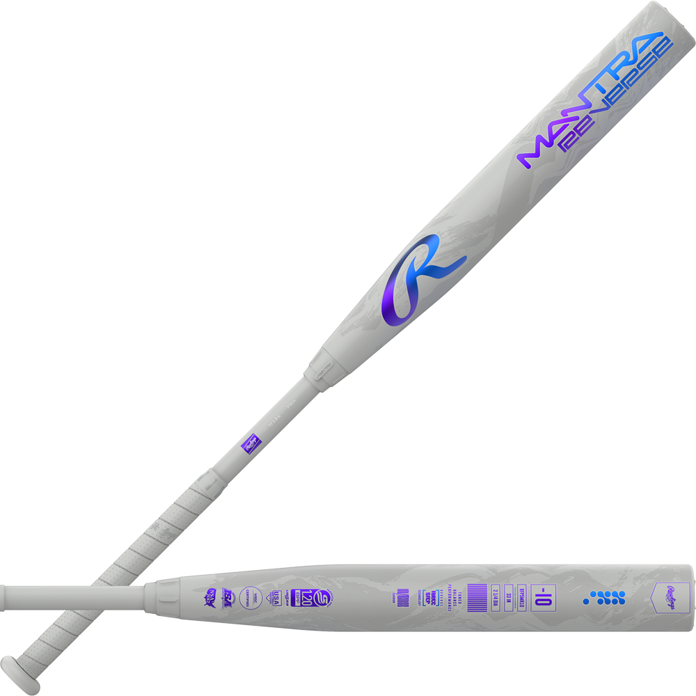 The 2025 Rawlings Mantra Reverse (-10) Fastpitch Softball Bat (RFP5MR10) is a white bat with purple and blue accents, featuring Three-Step Technology, a textured grip, icons, and text along the barrel.