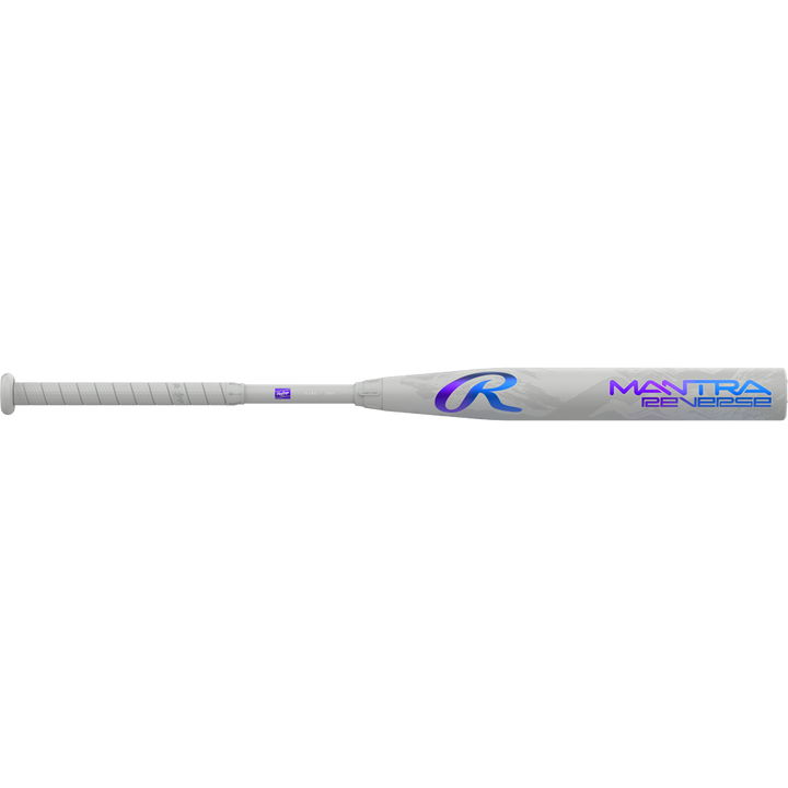 The 2025 Rawlings Mantra Reverse (-11) Fastpitch Softball Bat (RFP5MR11) features a white and silver design, wrapped grip, blue and purple âMANTRA GEN3 BASEâ text, and a large âRâ logo on the barrel.