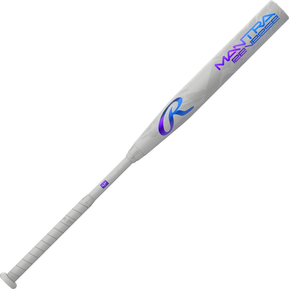 The 2025 Rawlings Mantra Reverse (-11) Fastpitch Softball Bat (RFP5MR11) features a white design with gray grip, blue and purple accents, MANTRA 2.0 graphics, and a stylized R logo—ideal for serious fastpitch players.
