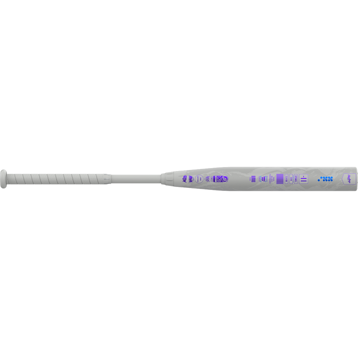 A 2025 Rawlings Mantra Reverse (-11) Fastpitch Softball Bat (RFP5MR11), featuring a white design with purple LED indicator lights and control buttons along the barrel, is shown against a plain white background.