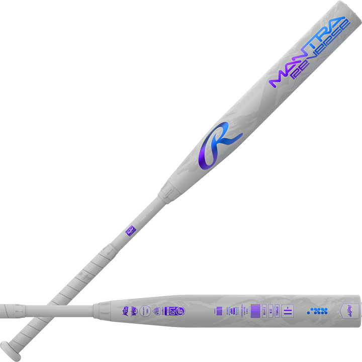 Two views of the 2025 Rawlings Mantra Reverse (-11) fastpitch softball bat (RFP5MR11) in white, featuring blue and purple branding, a textured grip, and technical details near the barrel.