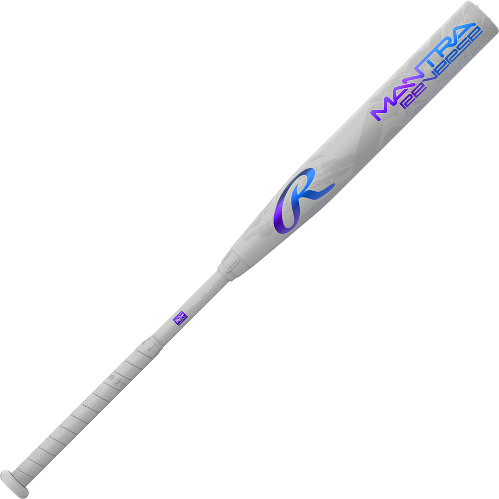 The 2025 Rawlings Mantra Reverse (-9) Fastpitch Softball Bat (RFP5MR9) features a white and gray design with blue and purple accents, a patterned grip, sleek modern look, and innovative Reverse Three-Step Technology.