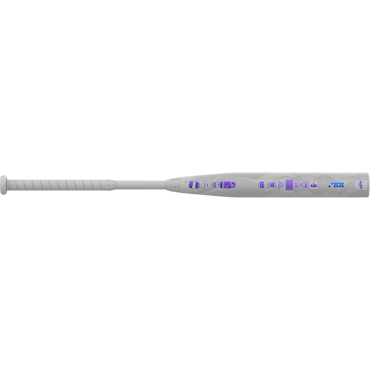 The 2025 Rawlings Mantra Reverse (-9) Fastpitch Softball Bat (RFP5MR9) features a white barrel with blue and purple illuminated icons, a wrapped handle, and showcases futuristic style inspired by Reverse Three-Step Technology.