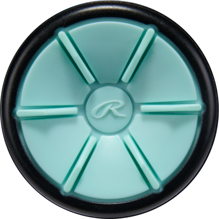 A round, teal object with six raised, evenly spaced spokes and a black rim features an embossed "R" in the center, echoing the 2026 Rawlings Mantra (-11) Fastpitch Softball Bat: RFP6M11's signature style.