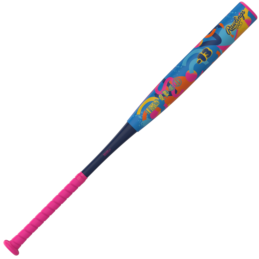 The 2027 Rawlings Kraze (-13) Fastpitch Softball Bat (RFP7KZ13) by Rawlings features a striking pink handle and a lightweight blue aluminum barrel adorned with vibrant, playful graphics and the iconic Rawlings logo. Built with two-piece hybrid technology, this bat offers enhanced performance and durability for fastpitch softball players.