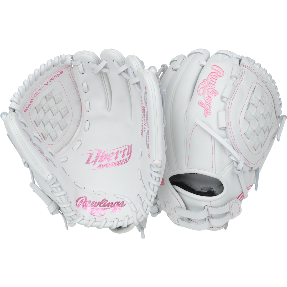 Two Rawlings Liberty Advanced 11.5" Fastpitch Softball Gloves (RLA115-3WWP) in white with pink stitching and logos, featuring woven webbing and open backs, are displayed side by side on a white background.
