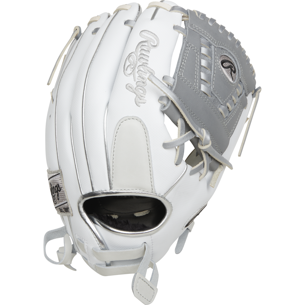 The Rawlings Liberty Advanced 12" Fastpitch Softball Glove (RRLA120-31WSS) features white and light gray colors, detailed stitching, brand logo, and lacing, shown on a plain white background.