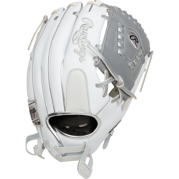The Rawlings Liberty Advanced 12" Fastpitch Softball Glove (RRLA120-31WSS) features white and light gray colors, detailed stitching, brand logo, and lacing, shown on a plain white background.