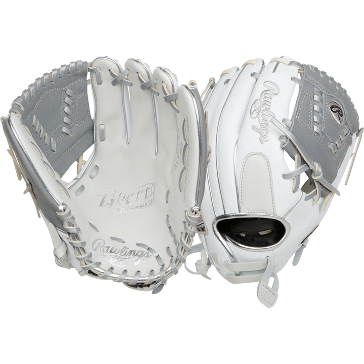 Two Rawlings Liberty Advanced 12" Fastpitch Softball Gloves (model RRLA120-31WSS) are shown side by side, highlighting white and gray colors, detailed stitching, lacing, and both palm and back views.