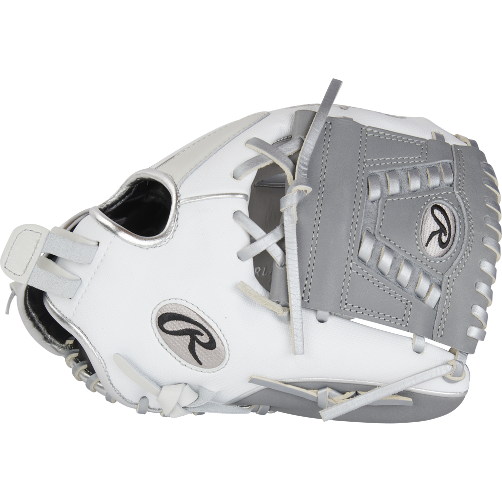The Rawlings Liberty Advanced 12" Fastpitch Softball Glove (RRLA120-31WSS) features a white and gray design with visible laces and the Rawlings logo, ideal for pitchers or infielders.
