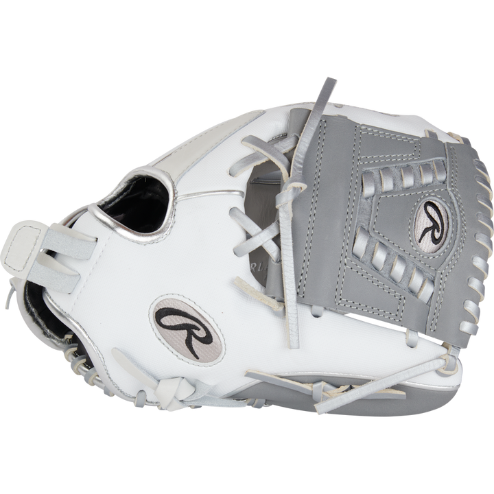 The Rawlings Liberty Advanced 12" Fastpitch Softball Glove (RRLA120-31WSS) features a white and gray design with visible laces and the Rawlings logo, ideal for pitchers or infielders.