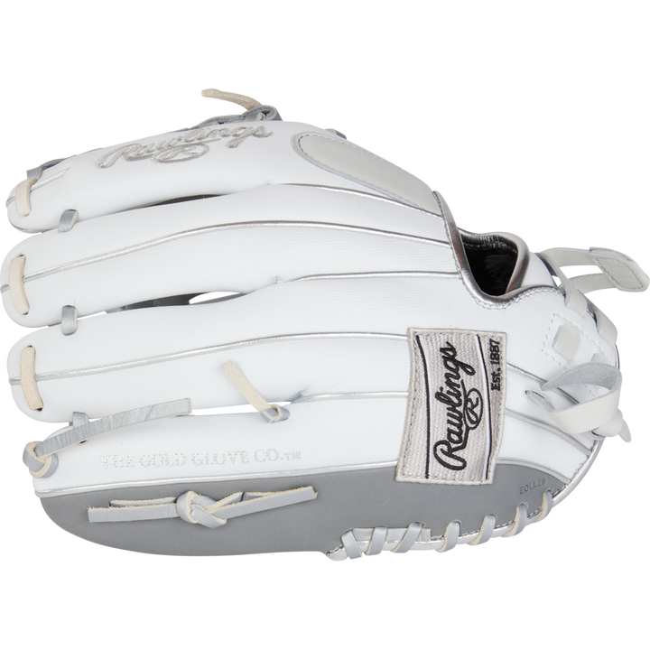 The Rawlings Liberty Advanced 12" Fastpitch Softball Glove (RRLA120-31WSS) features a white and gray design with cream laces, visible Rawlings logo on the wrist strap, and is ideal for pitcher or infield positions.