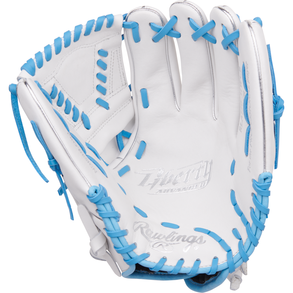 The Rawlings Liberty Advanced 12" Fastpitch Softball Glove (RLA120-31WCB) features a white design with blue laces, embossed Liberty Advanced and Rawlings logos on the palm, ideal for fastpitch softball.