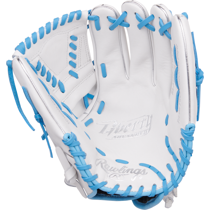 The Rawlings Liberty Advanced 12" Fastpitch Softball Glove (RLA120-31WCB) features a white design with blue laces, embossed Liberty Advanced and Rawlings logos on the palm, ideal for fastpitch softball.