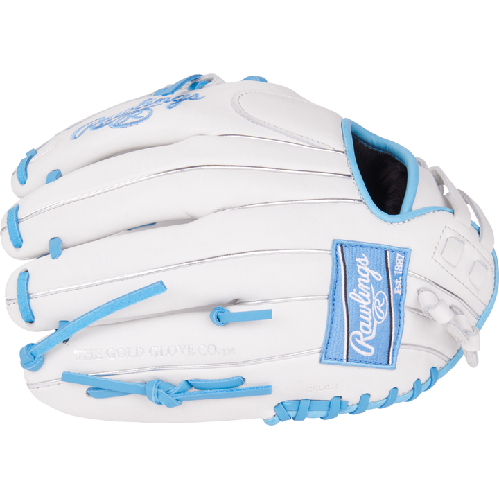 The Rawlings Liberty Advanced 12" Fastpitch Softball Glove (RLA120-31WCB) features a white design with light blue laces and trim, the Rawlings logo on the back, and “THE GOLD GLOVE CO.” embossed near the thumb—ideal for infielders.