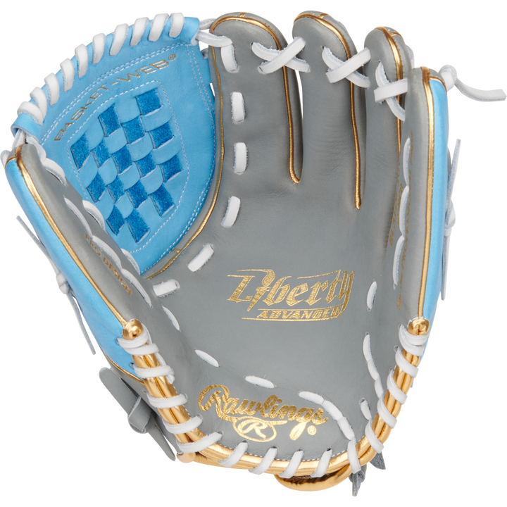 The Rawlings Liberty Advanced Color Sync 12" Fastpitch Softball Glove (RLA120-3GCB) features a gray and light blue design with gold accents, white laces, and basket web—ideal as a fastpitch utility glove.