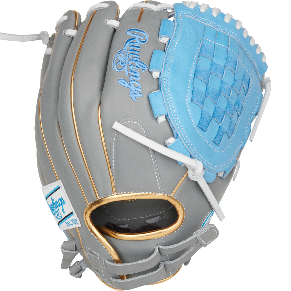 The Rawlings Liberty Advanced Color Sync 12" Fastpitch Softball Glove (RLA120-3GCB) features a gray design with gold accents, light blue detailing, white laces, and basket web—ideal as a versatile fastpitch utility glove.