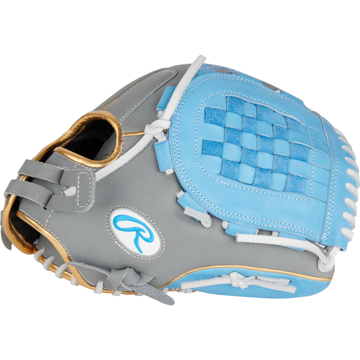 The Rawlings Liberty Advanced Color Sync 12" Fastpitch Softball Glove (RLA120-3GCB) features a gray and light blue design with white laces, gold trim, a woven pocket, and stylized R logo—ideal for fastpitch utility players.