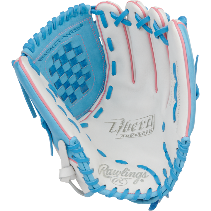 The Rawlings Liberty Advanced 12.5" Fastpitch Glove (RLA125-3WCB) is a white glove with blue and pink laces, featuring brand logos on the palm and web, designed for catching in fastpitch softball.
