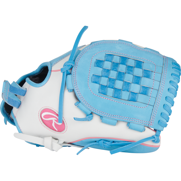 The Rawlings Liberty Advanced 12.5" Fastpitch Glove (RLA125-3WCB) features a white design with light blue laces, woven blue pocket, and pink stitching—ideal for softball players seeking both performance and style.