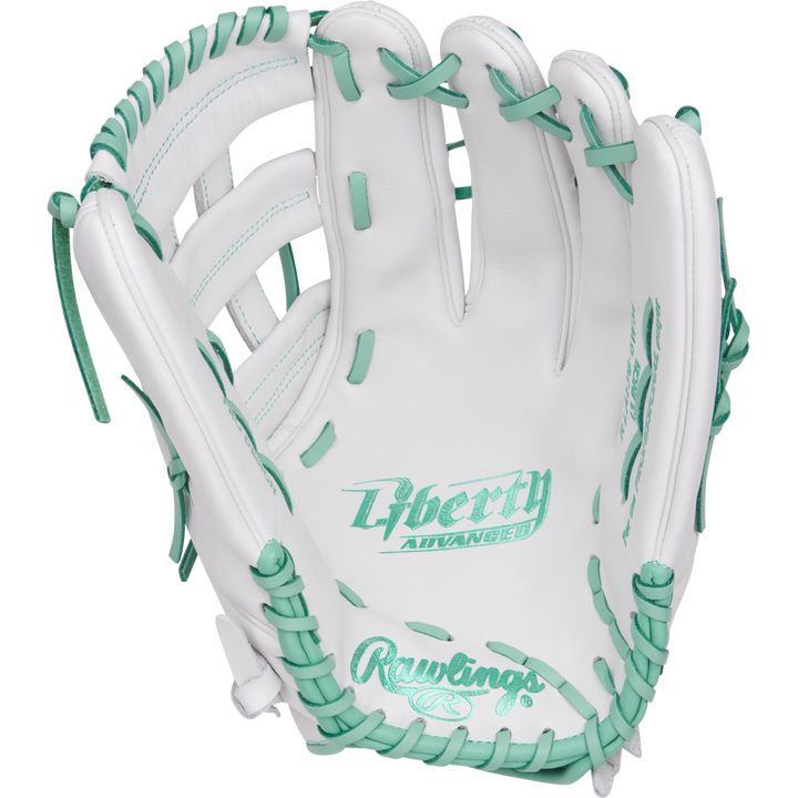 The Rawlings Liberty Advanced 13" Fastpitch Glove (RLA130-6WM) is a white outfield glove with teal lacing and stitching, featuring Liberty Advanced and Rawlings logos on the palm, shown open against a plain white background.