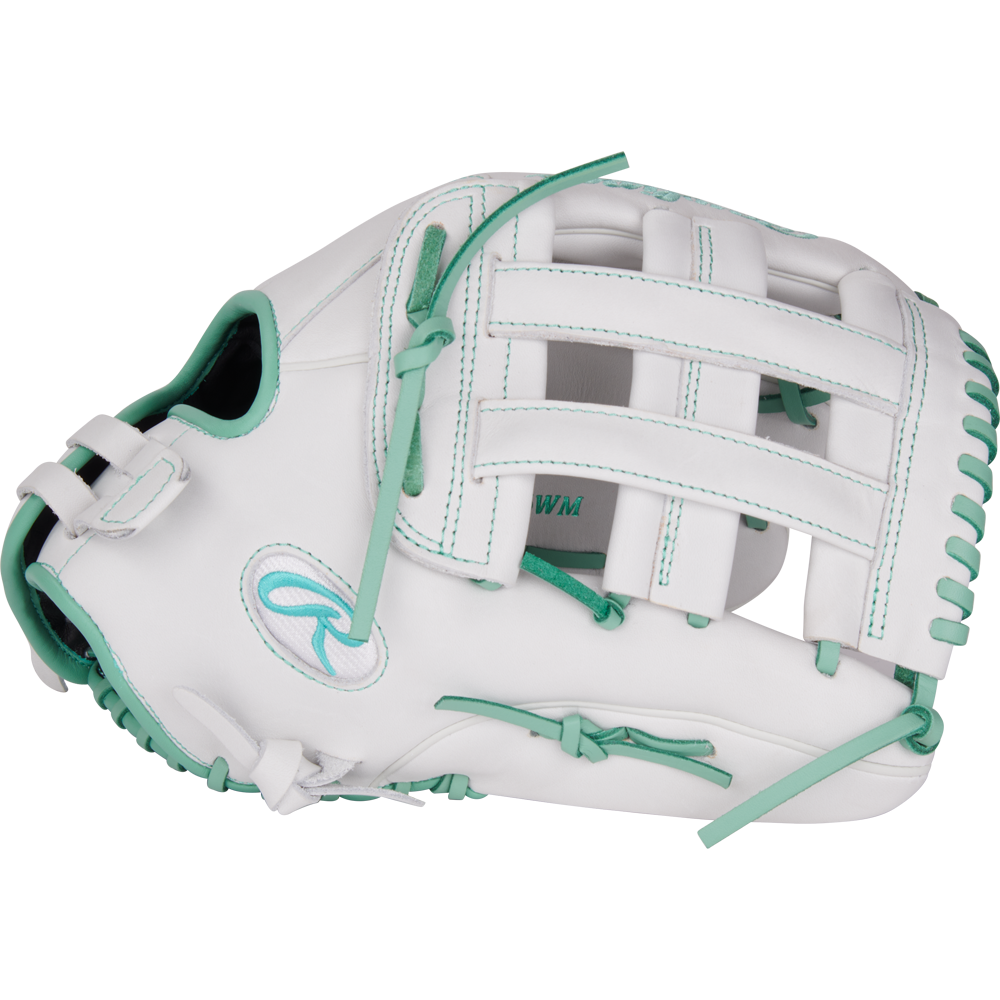 The Rawlings Liberty Advanced 13" Fastpitch Glove (RLA130-6WM) features a white design with teal stitching and laces, an open web, and a stylish R logo—ideal for outfielders seeking top performance.