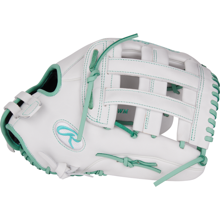 The Rawlings Liberty Advanced 13" Fastpitch Glove (RLA130-6WM) features a white design with teal stitching and laces, an open web, and a stylish R logo—ideal for outfielders seeking top performance.
