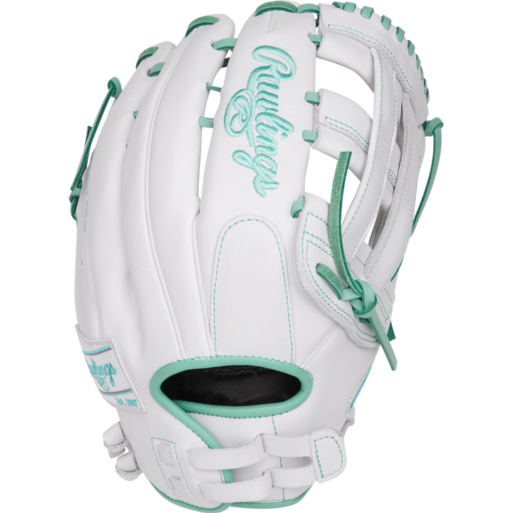 The Rawlings Liberty Advanced 13" Fastpitch Glove (RLA130-6WM) features white leather, teal stitching and laces, plus an embroidered Rawlings logo on the back. This outfield glove is displayed against a plain white background.