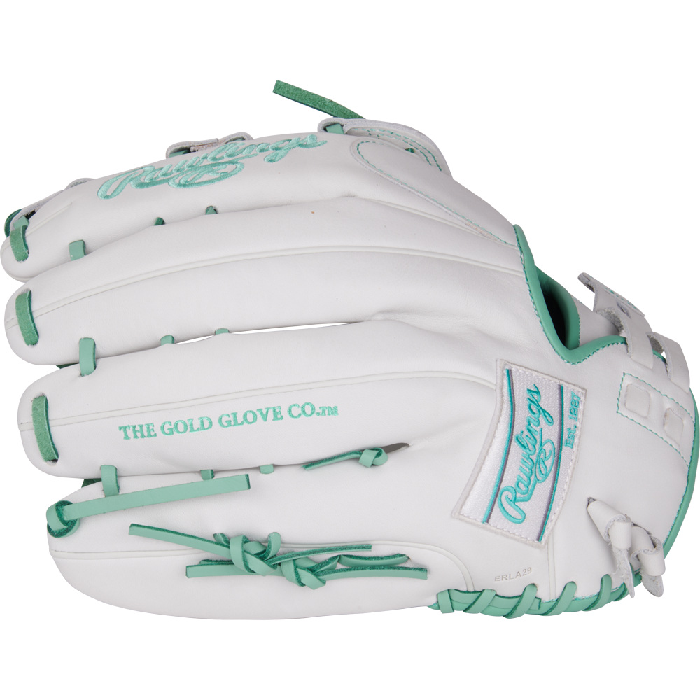 The Rawlings Liberty Advanced 13" Fastpitch Glove (RLA130-6WM) features a white design with teal accents, THE GOLD GLOVE CO. text, and Rawlings branding—ideal for outfielders seeking top performance.