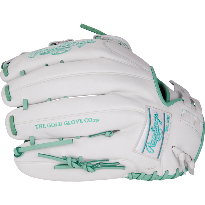 The Rawlings Liberty Advanced 13" Fastpitch Glove (RLA130-6WM) features a white design with teal accents, THE GOLD GLOVE CO. text, and Rawlings branding—ideal for outfielders seeking top performance.