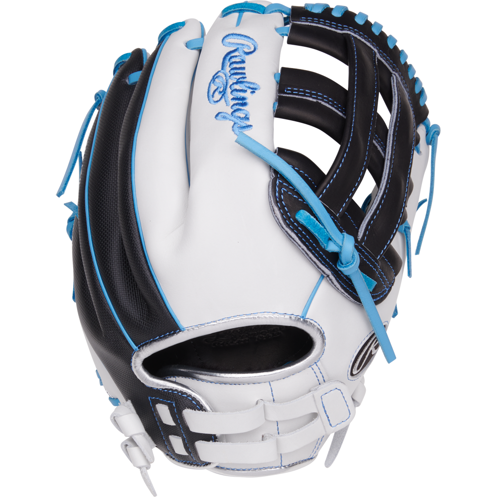 The Rawlings Liberty Advanced 12.25" Fastpitch Softball Glove (RLA207SB-6WSS) features white and black full-grain leather with blue stitching, blue embroidered Rawlings logo on the wrist, and is shown from the back.
