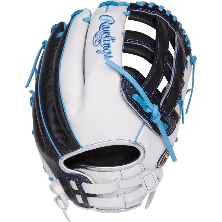 The Rawlings Liberty Advanced 12.25" Fastpitch Softball Glove (RLA207SB-6WSS) features white and black full-grain leather with blue stitching, blue embroidered Rawlings logo on the wrist, and is shown from the back.