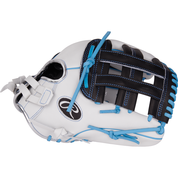 The Rawlings Liberty Advanced 12.25" Fastpitch Softball Glove (RLA207SB-6WSS) features a white and black full-grain leather build, blue stitching and laces, an open web design, and the Rawlings logo on the side.