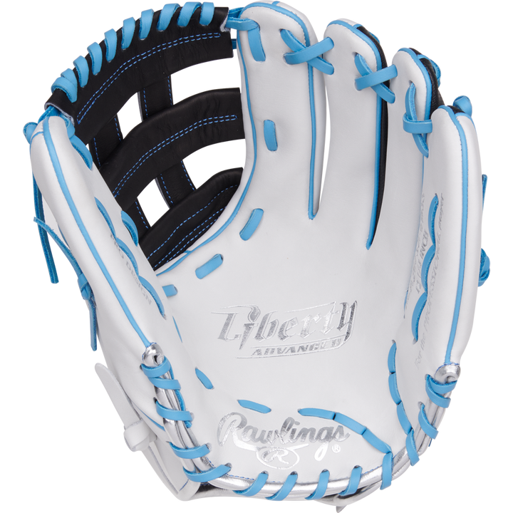 The Rawlings Liberty Advanced 12.25" Fastpitch Softball Glove (RLA207SB-6WSS) features white full-grain leather with blue laces and stitching, Liberty Advanced branding on the palm, and is displayed open against a plain background.