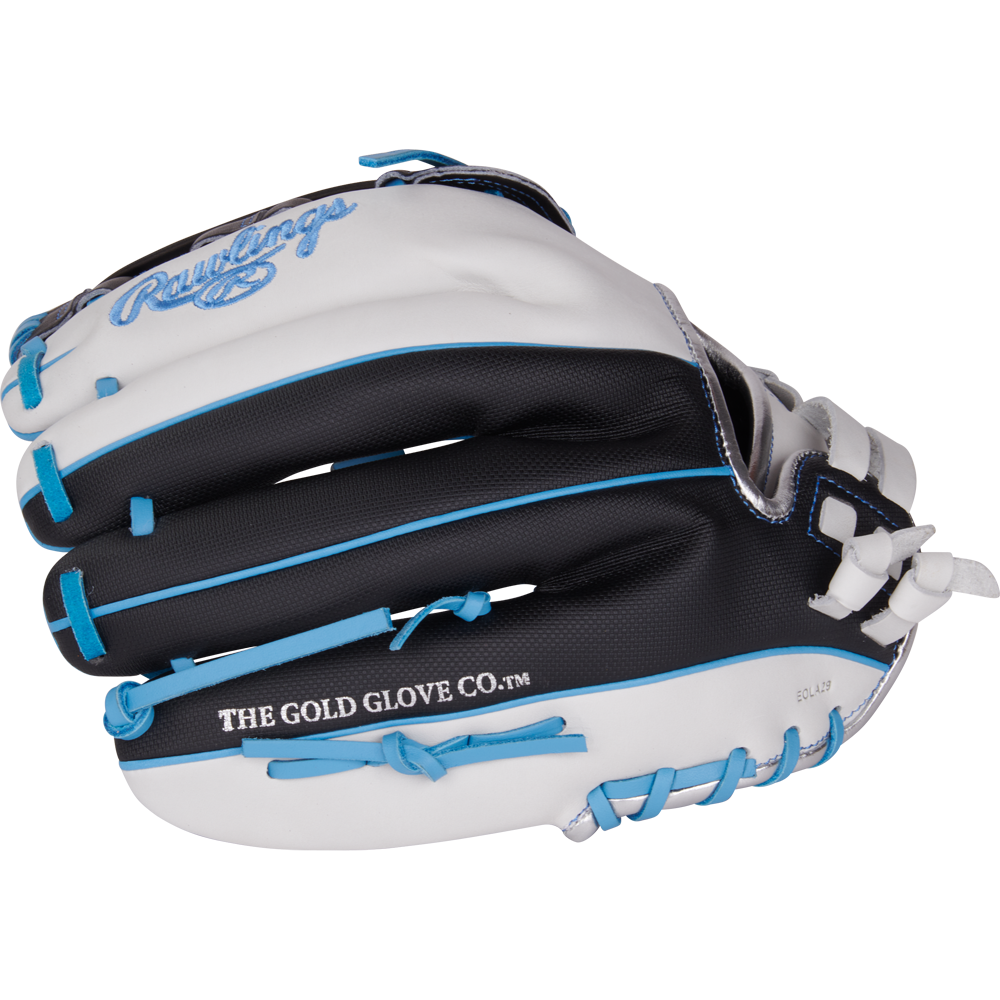 The Rawlings Liberty Advanced 12.25" Fastpitch Softball Glove (RLA207SB-6WSS) is a black and white, full-grain leather glove featuring blue laces, blue accents, and "THE GOLD GLOVE CO.™" text on the side.
