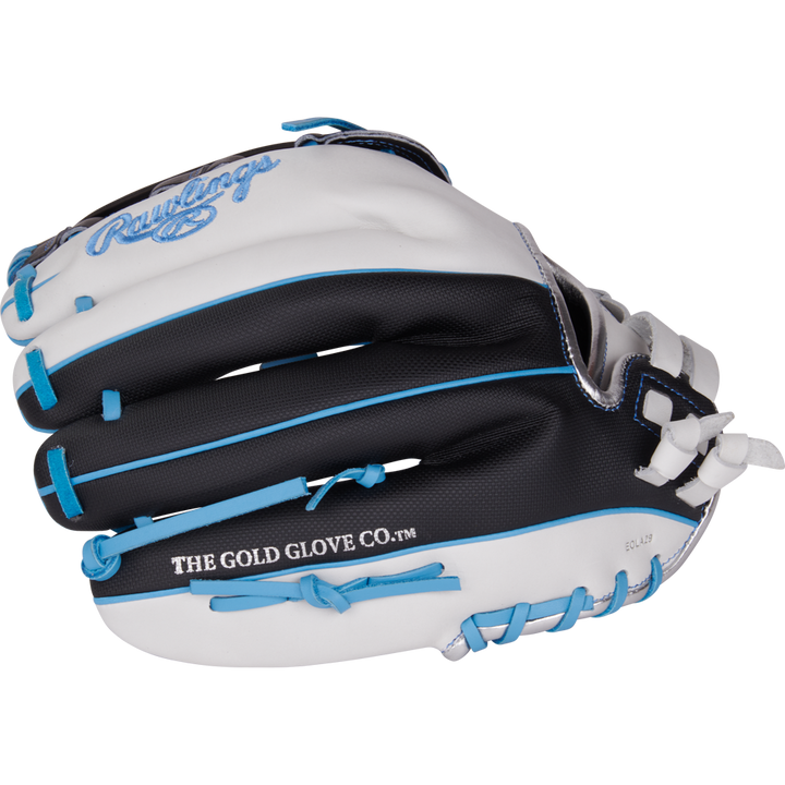 The Rawlings Liberty Advanced 12.25" Fastpitch Softball Glove (RLA207SB-6WSS) is a black and white, full-grain leather glove featuring blue laces, blue accents, and "THE GOLD GLOVE CO.™" text on the side.