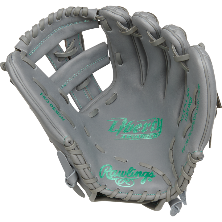 The Rawlings Liberty Advanced 11.75" Fastpitch Softball Glove (RRLA715-32G) features gray full-grain leather, teal stitching on the pocket, webbing, and Pro Design label, all showcased against a white background.