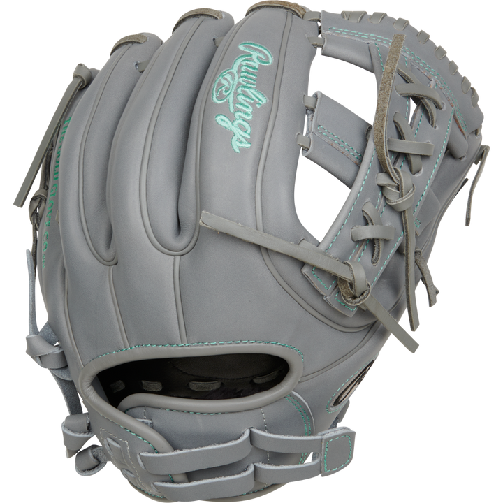 A Rawlings Liberty Advanced 11.75" Fastpitch Softball Glove (RRLA715-32G) made from full-grain leather rests on a white background.