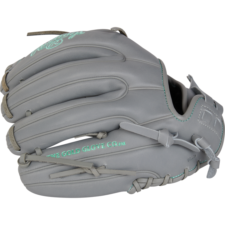 The Rawlings Liberty Advanced 11.75" Fastpitch Softball Glove (RRLA715-32G) features gray full-grain leather, teal stitching, and "THE GOLD GLOVE CO." lettering, showcasing detailed lacing and a professional top-side design.