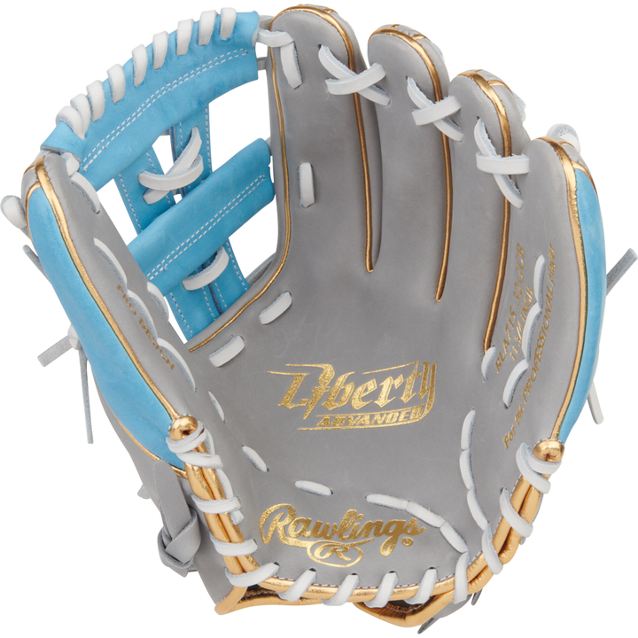 The Rawlings Liberty Advanced 11.75" Fastpitch Softball Glove (RLA715-32GCB) is gray with gold lettering, blue accents, and white laces, featuring the Liberty Advanced logo and a partially open web design.