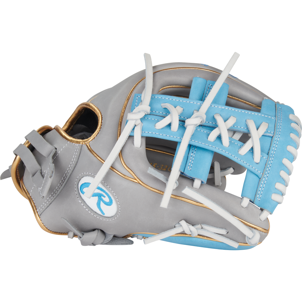 The Rawlings Liberty Advanced 11.75" Fastpitch Glove (RLA715-32GCB) features a gray design with blue and white accents, gold lining, and white laces, plus an R logo. Designed for right-handed infielders in fastpitch softball.
